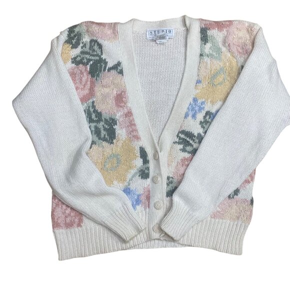 Vintage Studio Michelle Stuart Hand Knit Floral Cardigan Sweater S White Multico - Picture 6 of 13
